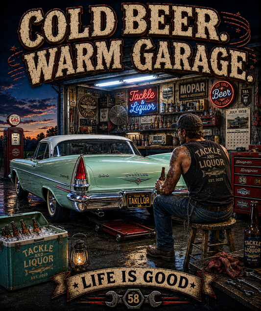 Cold Beer. Warm Garage. | Classic Car Garage T-Shirt