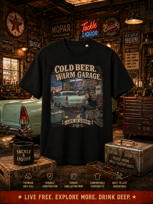 Cold Beer. Warm Garage. | Classic Car Garage T-Shirt